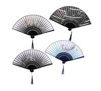 FIXOSHEE 4 Pièces Éventails Pliables Soie Décoratifs avec Pompon Éventail Main Chinois pour Mariage Danse et Cérémonie Ventilateurs Portables et Rafraîchissants