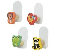 FIXOSHEE 4 pièces Lot de Crochets Muraux Bois Décoratifs pour Garçon Fille Patères Adhésives sans Perçage avec Motifs Animaux Grenouille Panda Lion Coq Porte-manteaux Pratique et Résistant