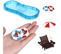 FIXOSHEE Ensemble Mini Piscine Miniature Plastique Bouée et Chaise de Plage, Mobilier D’Accessoires pour Maison de Poupée, Décoration Scène D’été Éducative, Solide pour Garçon et Filles