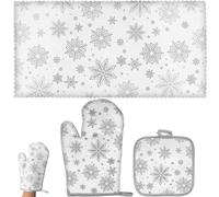 FIXOSHEE Lot de 3 Set de Maniques et Torchons Cuisine Résistants à la Chaleur Motif Flocons de Neige Argentés Isolants Thermiques pour Four Micro-Ondes et Cuisson Sécurisée Cuisine de