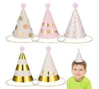 FIXOSHEE Lot de 6 Chapeaux de Fête d'anniversaire en Papier pour Garçon et Filles Petits Couvre-Chefs Colorés Pompons et Paillettes Accessoires Festifs Variés Rose Doré à Pois pour