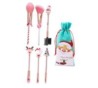FIXOSHEE Lot de 6 Pinceaux de Maquillage Cosmétiques Miniatures Noël Motif Renne Poils Doux Synthétiques Manche Court Portable pour Fond de Teint Poudre Sourcils - Paquet de Rangement