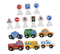 FIXOSHEE Set de Voitures Bois pour Garçon Fille avec Panneaux de Signalisation Véhicules de Chantier Bois Sécurisé et Jeu Éducatif pour Apprendre la Circulation