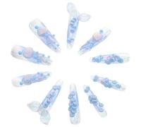 FIXOSHEE Stickers pour Ongles Petite Sirène Faux Ongles Longs à Coller Forme Amande Décoration Nail Art Océan Bleu Effet Gelée Pailleté Manucure DIY Été Réutilisables Style Mer