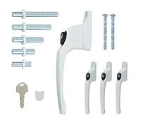 FixRello Lot de 4 poignées de fenêtre universelles inline uPVC - Verrouillable, ambidextre, multibroche - Blanc avec bouton noir