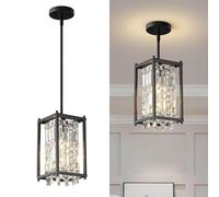 Fixture, 66cm Square Industrial Farmhouse Chandelier, Black Metal Crystal Pendant Light for Kitchen Island, Dining Living Room, Flat and Inclined Ceilings(Black,Square-16CM)