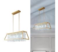 Fixture, Square Industrial Farmhouse Chandelier, Black Metal Crystal Pendant Light for Kitchen Island, Dining Living Room, Flat and Inclined Ceilings(Gold,Trapezoid -90CM)