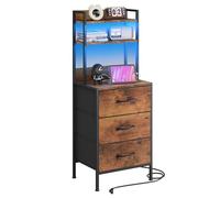 Fixwal Table de nuit de 104 cm de haut avec station de charge, table de nuit LED avec port U-S-B et prise, 3 tiroirs de rangement en tissu fini PU, bureau, table de chevet et étagère en un, marron