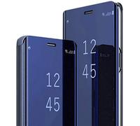 Fiyer Coque pour Red-mi Note 14, Coqu Xiao-mi Note 14 Clear View Flip Case Placage Miroir Effet Coque à Rabat Rigide PC+PU Cuir Etui 360 Antichoc Clapet Hybrid Ultra Fine Case Cover (Bleu)