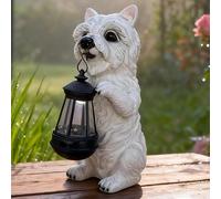FIYSON Figurine solaire de chien - Statue de jardin avec lanterne LED - Figurine amusante pour l'extérieur - Lampe solaire résistante aux intempéries - Statue d'animaux pour jardin, terrasse, pelouse