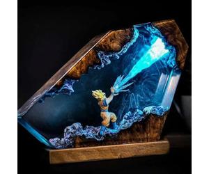 FIYSON Lampe de nuit 3D Dragon Ball en résine époxy, figurines en résine de Son Goku avec socle en bois, lampe de table avec câble USB et 16 couleurs, lampe de nuit LED multicolore à télécommande