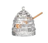 FIYSON Pot à miel en verre de 330 ml avec couvercle et cuillère en bois, Pot à miel transparent en forme de cône, récipient à miel en ruche pour confiture, gelée et sirop, pour la cuisine et la