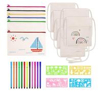 Fiyuer 12 Pièces DIY Pochette Tissu Zippée Trousse Personnalisable avec 12 Crayons Aquarelle et 4 Gabarits - Toile Vierge pour Voyage Bureau École