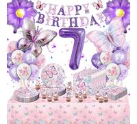 Fizdoqg Ensemble de décoration anniversaire papillon, décoration anniversaire papillons avec vaisselle de fête, serviettes, bannière, nappe, ballons pour décoration de fête, pinata, filles (7)