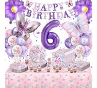Fizdoqg Kit de décoration d'anniversaire en forme de papillon avec vaisselle de fête, serviettes, bannière, nappe, ballons pour décoration de fête, pinata, fille (6)