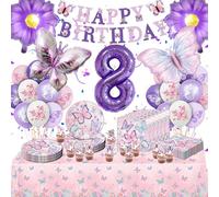 Fizdoqg Kit de décoration d'anniversaire en forme de papillon avec vaisselle de fête, serviettes, bannière, nappe, ballons pour décoration de fête, pinata, fille (8)