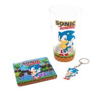 Fizz Creations SonicThe Hedgehog Porte-clés en verre et dessous-de-verre Coffret cadeau 3 en 1 Verre à boire Capacité 480 ml Produit sous licence officielle Sonic The Hedgehog