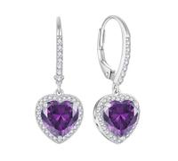 FJ Boucles d'oreilles Pendantes Coeur Argent Sterling 925 Boucles d'oreilles Halo Solitaire Boucles d'oreilles Améthyste Février Pierre de Naissance Bijoux pour Femme