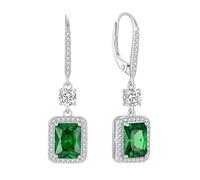 FJ Boucles d'oreilles Pendantes Coupe Princesse Halo Argent Sterling 925 Boucles d'oreilles Carrées Solitaire avec Émeraude Pierre de Naissance Mai Cadeaux de Bijoux pour Femme