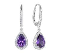 FJ Boucles d'oreilles Pendantes Halo Solitaire Argent Sterling 925 Boucles d'oreilles Forme de Larme Boucles d'oreilles Améthyste Février Pierre de Naissance Bijoux pour Femme