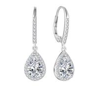 FJ Boucles d'oreilles Pendantes Halo Solitaire Argent Sterling 925 Boucles d'oreilles Forme de Larme Boucles d'oreilles Zircone Cubique Avril Pierre de Naissance Bijoux pour Femme
