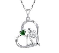 FJ Collier Femme Ange Gardien Argent Sterling 925 Pendentif Ailes d'Ange avec Pierre de Naissance Mai Collier Émeraude Bijoux Cadeaux pour Femme Fille
