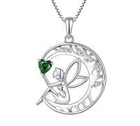 FJ Collier Femme Collier Ange Gardien Argent Sterling 925 Pendentif Arbre de Vie Lune Collier Pierre de Naissance Mai Émeraude Bijoux Cadeaux pour Femme Fille