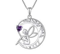 FJ Collier Femme Collier Ange Gardien Argent Sterling 925 Pendentif Arbre de Vie Lune Collier Pierre de Naissance Février Améthyste Bijoux Cadeaux pour Femme Fille