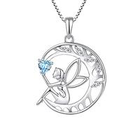 FJ Collier Femme Collier Ange Gardien Argent Sterling 925 Pendentif Arbre de Vie Lune Collier Pierre de Naissance Mars Aigue-Marine Bijoux Cadeaux pour Femme Fille