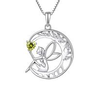 FJ Collier Femme Collier Ange Gardien Argent Sterling 925 Pendentif Arbre de Vie Lune Collier Pierre de Naissance Août Péridot Bijoux Cadeaux pour Femme Fille