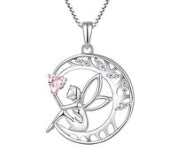 FJ Collier Femme Collier Ange Gardien Argent Sterling 925 Pendentif Arbre de Vie Lune Collier Pierre de Naissance Octobre Tourmaline Rose Bijoux Cadeaux pour Femme Fille