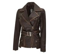fjackets Veste en cuir pour femme - Veste en cuir véritable avec ceinture en cuir pour femme - Veste asymétrique élégante en cuir pour femme, Victoria Brown, XX-Large