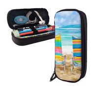 FJAUOQ Chairs Beside The Blue Sea Sky Trousse à crayons en cuir de grande capacité avec fermeture éclair pour organiseur de bureau, Noir , Taille unique, trousse à crayons