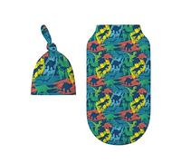 FJAUOQ Ensemble d'emmaillotage et chapeau pour nouveau-né - Couverture d'emmaillotage pour bébé - Bleu foncé avec dinosaure