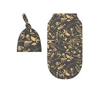 FJAUOQ Ensemble d'emmaillotage et chapeau pour nouveau-né - Couverture d'emmaillotage pour bébé - Dinosaures - Os doré