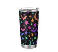 FJAUOQ Gobelet arc-en-ciel lune étoile chauve-souris néon tasse à café isolée conducteur boisson conteneur bureau voyage tasse avec paille et couvercle 20 oz retour à l'école cadeau de vacances
