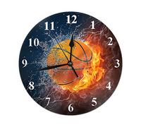 FJAUOQ Horloge Murale Basketball Wall Clock Fire Water Power Lightning Heat Smoke Speed Sport Splash Burning Round Clocks Wall Decorative Silent No Ticking 10 inch 25cm PVC Rustic Modern for Bedroom