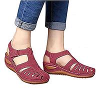 FJAUOQ Sandales Femme éTé Chaussures orthopédiques pour Femmes Confortables Sandales en Cuir Plat Sandales Low Toe Open Toe Breathable Sandales,Rouge,41EU
