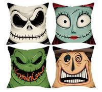 Fjfz Lot de 4 housses de coussin décoratives Halloween Jack Skellington - 40,6 x 40,6 cm - Motif monstre maire vert - Décoration d'intérieur amusante - Pour canapé