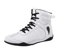 FJJLOVE Chaussures de Boxe pour Hommes, Cuir, Soutien de Cheville, Bottes de compétition et d'entraînement antidérapantes, Footwear Confortable pour Kickboxing et Combat.,Blanc,37 EU