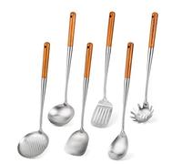 FJNATINH Ensemble d'ustensiles de cuisine en acier inoxydable 304 - 6 pièces - Ensemble de spatules pour wok, outils de cuisine : spatule, louche à soupe, écumoire, spatules fendues retourneur