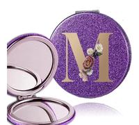 FJOADNVM Petit Miroir Maquillage 2pcs Compact 2 Sided PU Mirror Folding Flash Makeup Portable Cosmetic Pocket Magnifying Gold Letter Pattern(Purple-M)