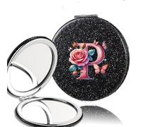 FJOADNVM Petit Miroir Maquillage 2pcs Double Sided Flash PU Mirror Washable Space Saving Beauty Cosmetic Tool Pink Butterfly 26 Letter(Black-P)