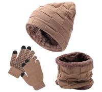 Fjquamitix Ensemble de bonnet, écharpe et gants de 3 pièces pour enfants, bonnet d'hiver en tricot doublé en polaire, cache-cou et gants à écran tactile pour filles et garçons, kaki, taille unique