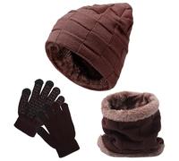 Fjquamitix Ensemble de bonnet, écharpe et gants de 3 pièces pour enfants, bonnet d'hiver en tricot doublé en polaire, cache-cou et gants à écran tactile pour filles et garçons, café, taille unique