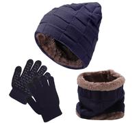 Fjquamitix Ensemble de bonnet, écharpe et gants de 3 pièces pour enfants, bonnet d'hiver en tricot doublé en polaire, cache-cou et gants à écran tactile pour filles et garçons, bleu marine, taille