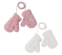 Fjquamitix Lot de 2 paires de moufles d'hiver chaudes et épaisses avec doublure en fourrure à suspendre au cou pour enfants de 2 à 6 ans (rose + beige)