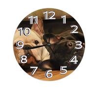 FJQWKLF Horloge Murale de 9,8 Pouces à Deux bouledogues français, Horloge Murale Suspendue silencieuse, sans tic-tac, décoration Murale, Horloge de Bureau Ronde à Piles