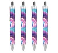 FJQWKLF Lot de 4 stylos à bille à pointe fine, motif loup blanc hurlant au clair de lune, 0,5 mm, rétractables, noirs, à corps rond, pour carnet de notes, écriture, bureau