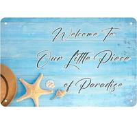FJQWKLF Panneau mural en métal rustique avec inscription « Bienvenue dans notre petit coin de paradis » pour chambre à coucher, piscine, extérieur, coquillage, 20 x 30 cm